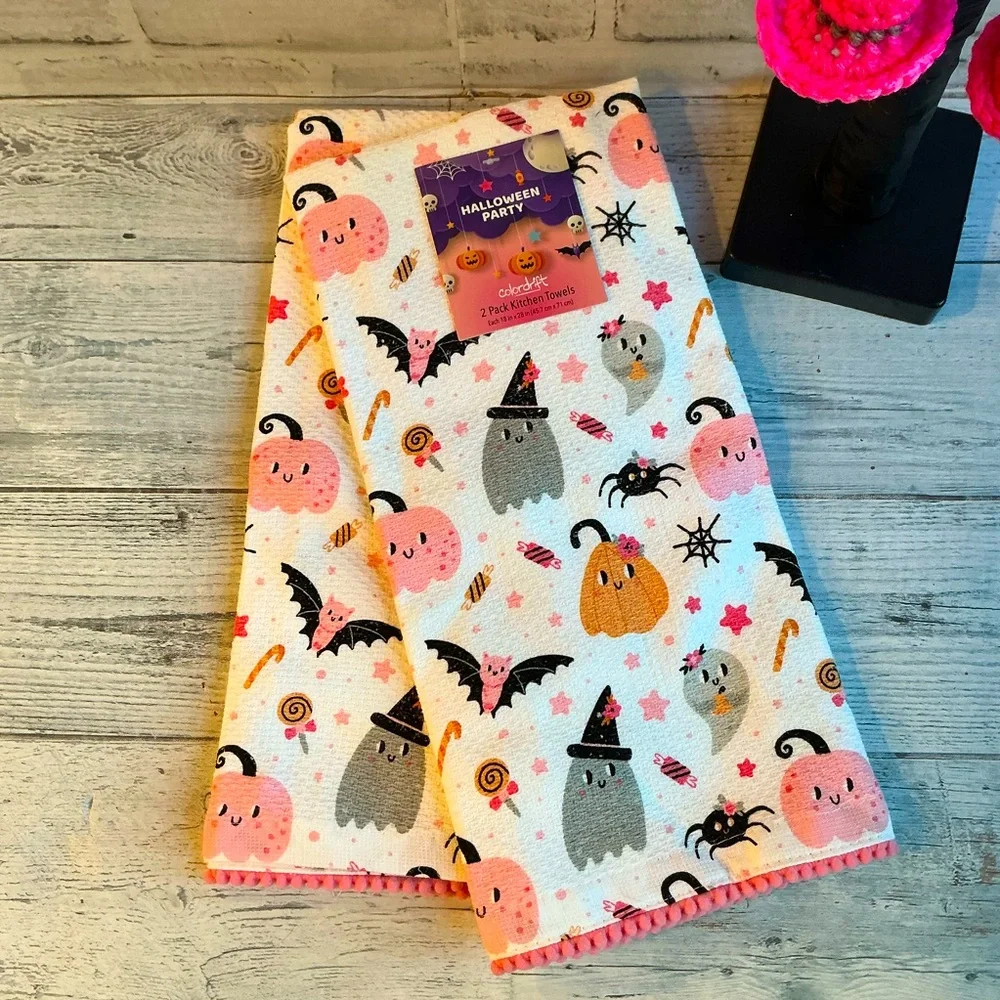 Colordrift 2Pc Ghosts, Bats, Pumpkins and Spiders Pink Halloween Kitchen Towels
